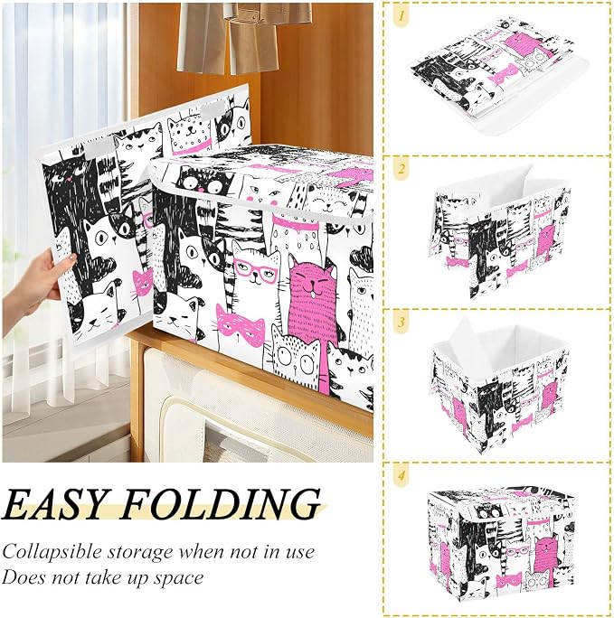 CaTaKu Large Fabric Storage Bins With Lids, Cute Pink Cat Storage Boxes With Handles for Organizing Clothes, Collapsible Storage Cube Bins for Shelve