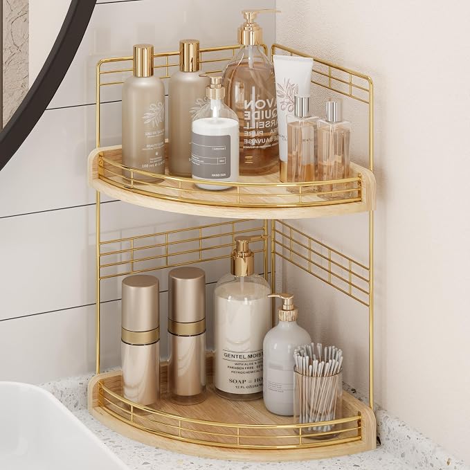 Bathroom Countertop Corner Organizer for Small Spaces, 2-Tier Counter Shelf | Oak Wood & Iron Counter Shelf for Sink & Vanity Corners, Skincare, Toiletries, Space-Saving, Compact Vertical Storage Natural