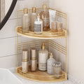Bathroom Countertop Corner Organizer for Small Spaces, 2-Tier Counter Shelf | Oak Wood & Iron Counter Shelf for Sink & Vanity Corners, Skincare, Toiletries, Space-Saving, Compact Vertical Storage Natural