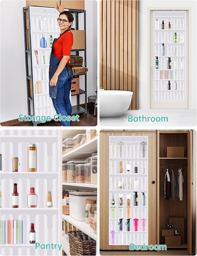 NiHome 35-Pocket Door Hanging Cup Organizer Fit for Stanley Tumbler 30 40oz | Large Capacity Over the Door Water Bottle Storage with Nano Tape, Waterproof Oxford Fabric, U-Shaped Handle Slots (White)