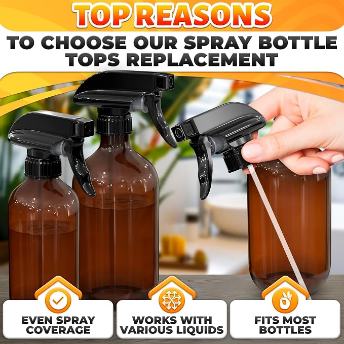 ALPENKOK 6 Pack Spray Nozzle for Bottles, Trim-To-Fit Tube; Plastic (Black) | Spray Bottle Nozzle Replacement; Fits 8 and 16 Oz; Trigger Sprayer with Mist, Stream & Off Modes; for Cleaning and Garden