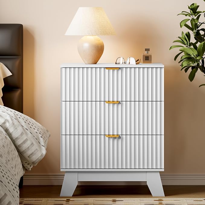 BORNOON Fluted 3 Drawer Dresser, 30.3" Tall Compact Modern Boho Chest of Drawers, Wooden Storage Cabinet for Bedroom, Living Room, Entryway, Curved Profile Design