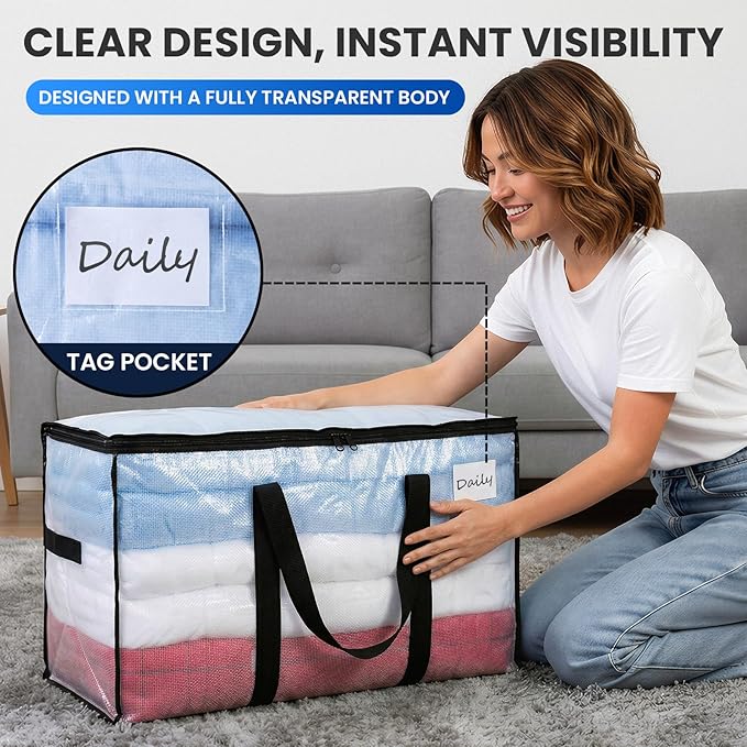 TAILI Extra Large Moving Bags, 2 Pack Clear Heavy Duty Totes For Storage with Visible Window, Wrap Around Handles, Storage Bags for Space Saving, Alternative to Moving Boxes