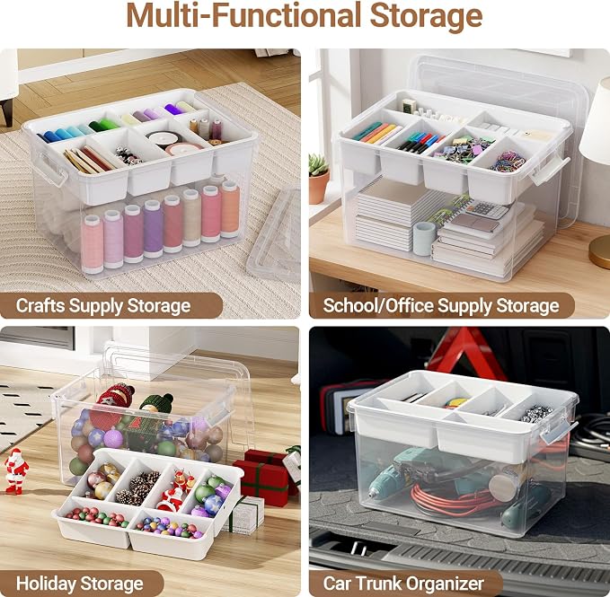 40Qt Large Stackable Storage Bin with Lid & Tray, Clear Plastic Latching Box Organizer with Divider Portable 10Gal Container for Arts & Crafts, Home and Car Trunk Organization, 1Pack