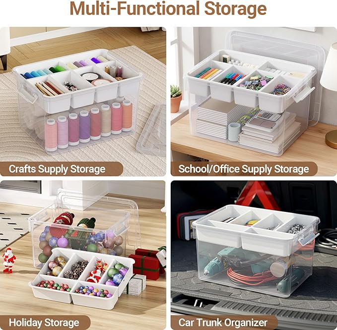 160Qt Large Stackable Storage Bins with Lids & Trays, Clear Plastic Latching Boxes Organizers with Dividers Portable 40Gal Containers for Arts & Crafts, Home and Car Trunk Organization, 4Pack