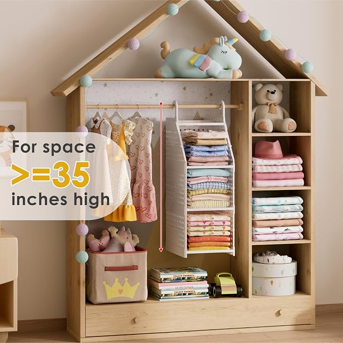 Honkazita 3-Tier Foldable Hanging Closet Organizer, Free-Standing | Closet Hanging Organizer for Wardrobe, Laundry Room, Plastic Hanging Closet Shelves for Clothes, Handbags, Accessories (White)