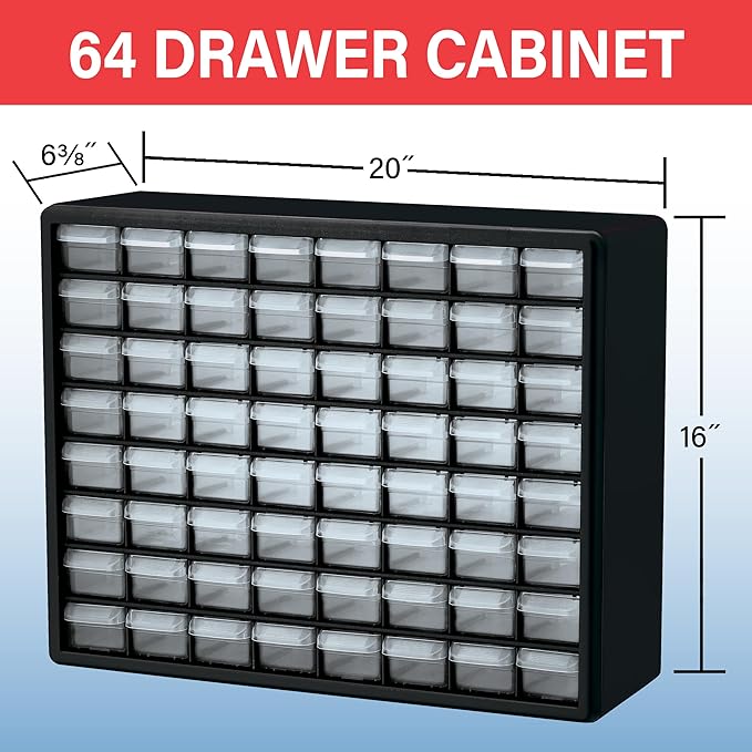 Akro-Mils 64-Drawer Plastic Drawer Storage Cabinet for Garage Organization, Bead Organizer, Building Bricks Storage, Teacher Toolbox, Makeup Organizer, 20" W x 6" D x 16" H, 10164 Yellow