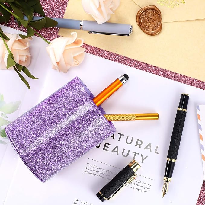 Outus Back to School Supplies PU Glitter Pen Holder Pencil Cup Shiny for Women Girls, Luxury Makeup Brush Holder PU Leather Organizer Cup Gift for Desk Office Classroom Home(Purple)