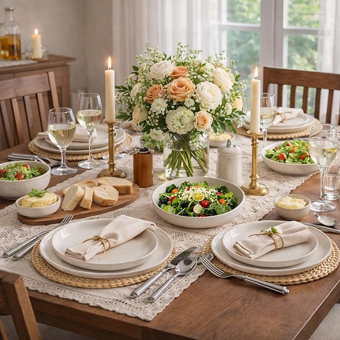 AmorArc Ceramic Dinnerware Sets, Handpainted Plates and Bowls Set with Rustic Terracotta Underside, Scratch Resistant Stoneware Dishes Set, Dishwasher & Microwave Safe