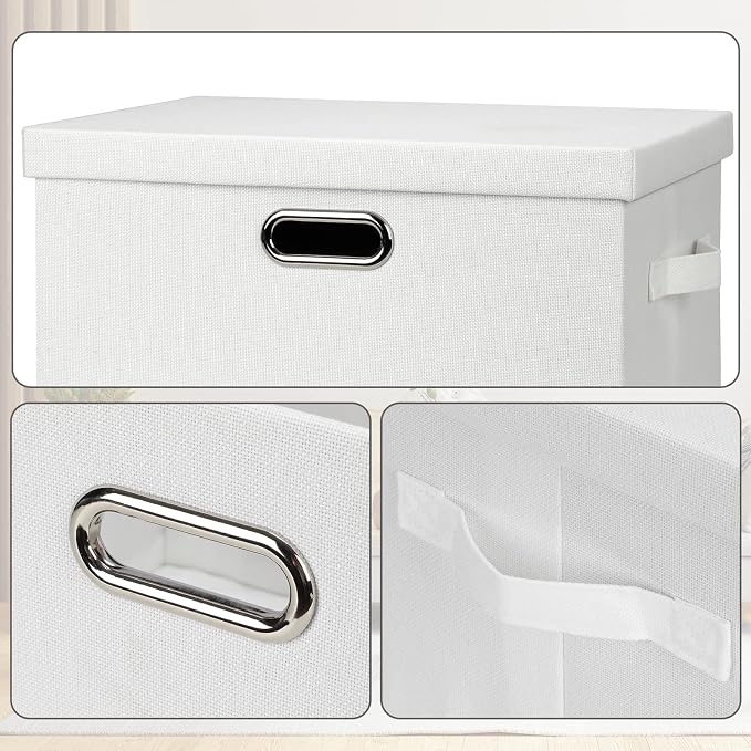 Graciadeco Large 17" 36 Quart Collapsible Stackable Storage Bins with Lids, 1 Pack White Foldable Fabric Closet Storage Boxes with Lids, 4 Handles Heavy-duty Linen Cube Baskets for Bedroom