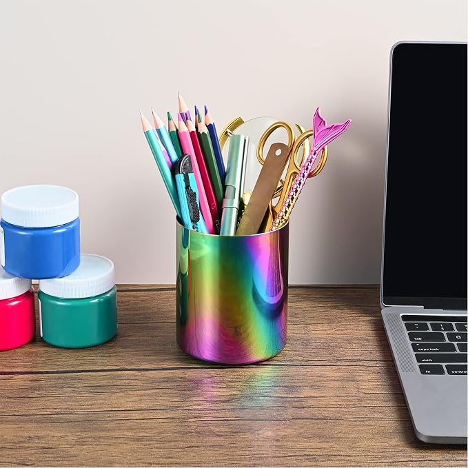 Aurora Rainbow 304 Stainless Steel Pen Holder & Pencil Cup, Metal Desk Caddy & Desktop Stationery Organizer, Mirror Finish & Vacuum Plating(2-Piece Set)