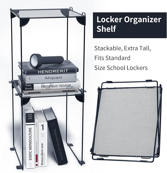 Neudeco Pack 2 Mesh Locker Shelf, Grey | Stackable, Extra Tall, Collapsible, Metal Build, Fits Standard Size School Locker