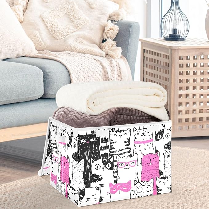 CaTaKu Large Fabric Storage Bins With Lids, Cute Pink Cat Storage Boxes With Handles for Organizing Clothes, Collapsible Storage Cube Bins for Shelve