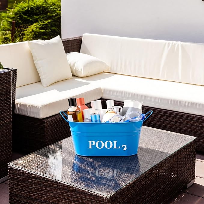Blulu Pool Storage Bucket Metal Poolside Basket Above Ground Pool Bin Summer Basket Outdoor Storage for Sunscreen Goggles Flip Flop Spf Swimming Camping Beach Accessories Decor(Blue)