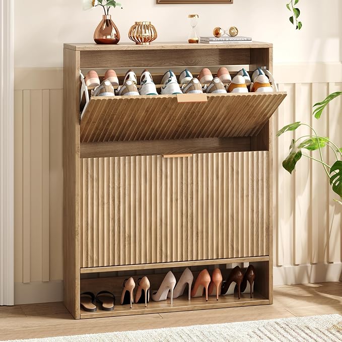 Hootata 31.5''W Oak Shoe Storage Cabinet for Entryway with 2 Flip Drawers, Narrow Wood Fluted Shoe Rack Cabinet,Freestanding Slim Shoe Organizer Cabinet for Foyer, Hallway