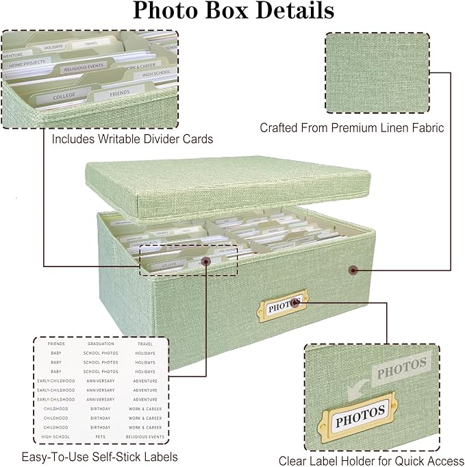 Linen Photo Storage Box – Holds 1700 Photos, Photo Organizer with Lid for Photo, Pictures, 24 Adjustable Dividers & 72 Labels Multi-Use Organizer Memory Box for Envelopes, Baby, Wedding, Cards Green