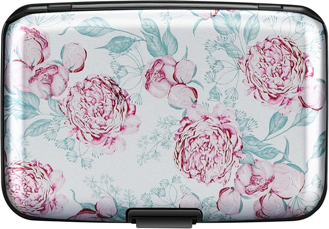 ELFISH Mini RFID Aluminum Wallet Credit Cards Holder Business Card Case Metal ID Case for Men Women(Peonies)