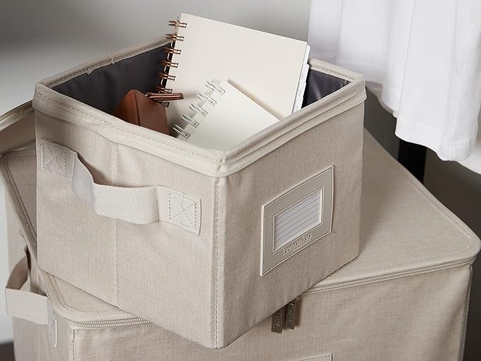 Covermates Keepsakes Zip-Top Storage Box Set, 3 Pack Heavy Duty Polyester Organizer Bins, Stackable Design, ID Window, Reinforced Handles, Closet Home Storage, Beige Heather