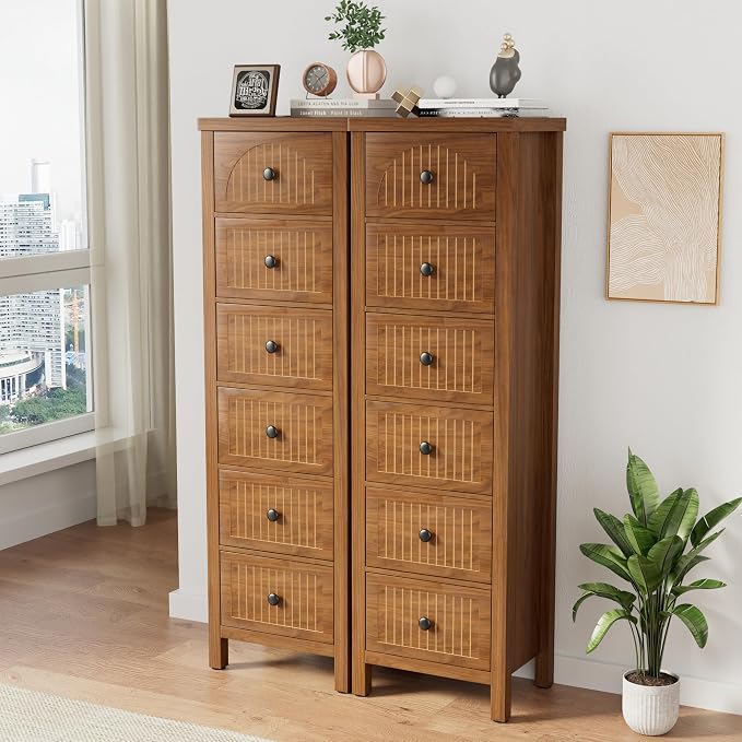 Lxsxlome 6 Drawer Dresser for Bedroom,Modern 52.55'' Tall Wood Chest of Drawers, Storage Organizer with Fluted Panel & Anti-Tip Kit for Closet, Hallway, Living Room,Nursery (Walnut, 6 Drawers)
