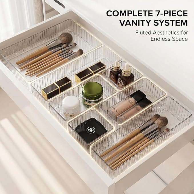 Li&Zhao 7PCS Stackable Bathroom Drawer Organizer-Clear Acrylic Drawer Organizer and Makeup Drawer Organizer with 4 Sizes 7 Grids for Vanity, Kitchen, Office Supplies