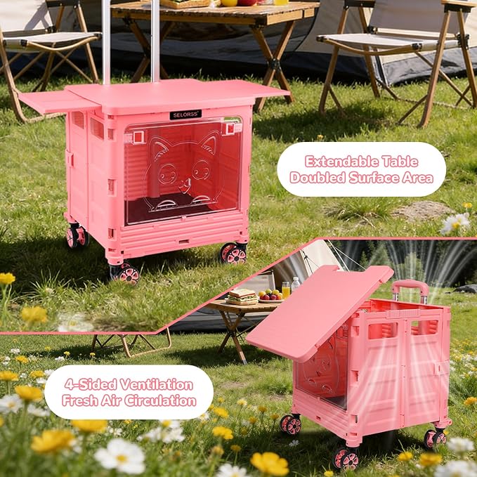 FELICON SELORSS Folding Utility Cart Portable Rolling Crate Handcart-Pink | Magnetic Sliding Lid+Lockable Transparent Front Panel,Telescoping Handle,4 Swivel Wheels Tote for Travel Shop Office Teacher