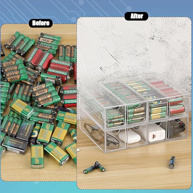 BTSKY Clear Acrylic Battery Storage Organizer for AA, AAA, 9V, C Batteries | 4-Drawer Storage Box Battery Holder Organizer for Common Types Batteries, Household Container, 3 Pack(Batteries Not Included)