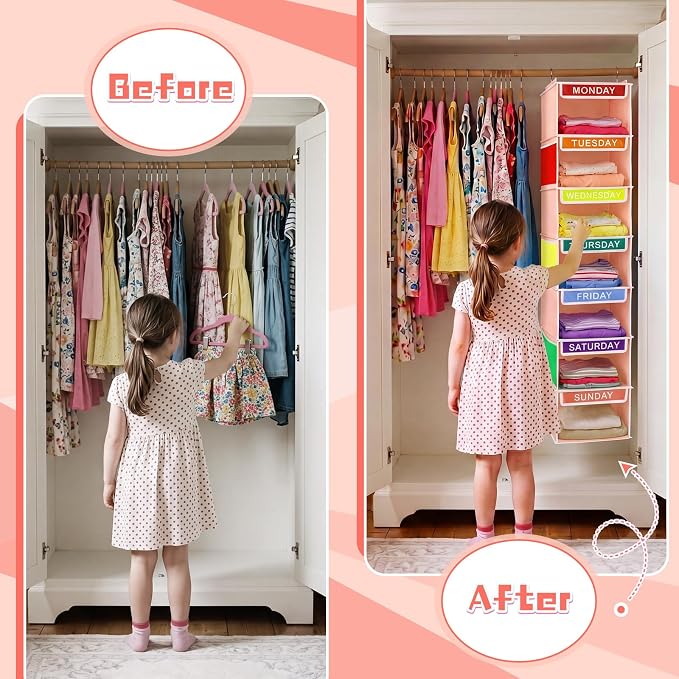 Amylove 2 Pcs 7 Shelf Weekly Clothes Organizer for Kids Hanging Closet Organizer 11. 8 x 11. 8 x 50 Inch Daily Activity Kids Clothes Storage Drawers Cube Drawers Closet Hanging Shelves(Orange Pink)
