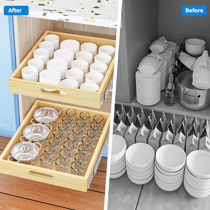 2 Set Pull Out Cabinet Organizer, Soft Close Slide Out Wood Drawer Storage Shelves for Kitchen, Base Cabinet Organization for Pantry, Finished, Heavy-Duty, Bottom Assembly (21” W x 21” D)