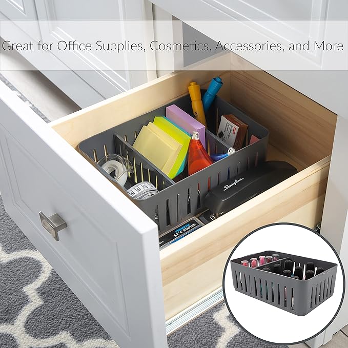 Simplify 2 Pack Compartment Stackable Bin with Adjustable Dividers | Drawer Organizer | Storage Basket | Good for Office | Desk Supplies | Dorm | Bathroom | Accessories | Make Up | Grey