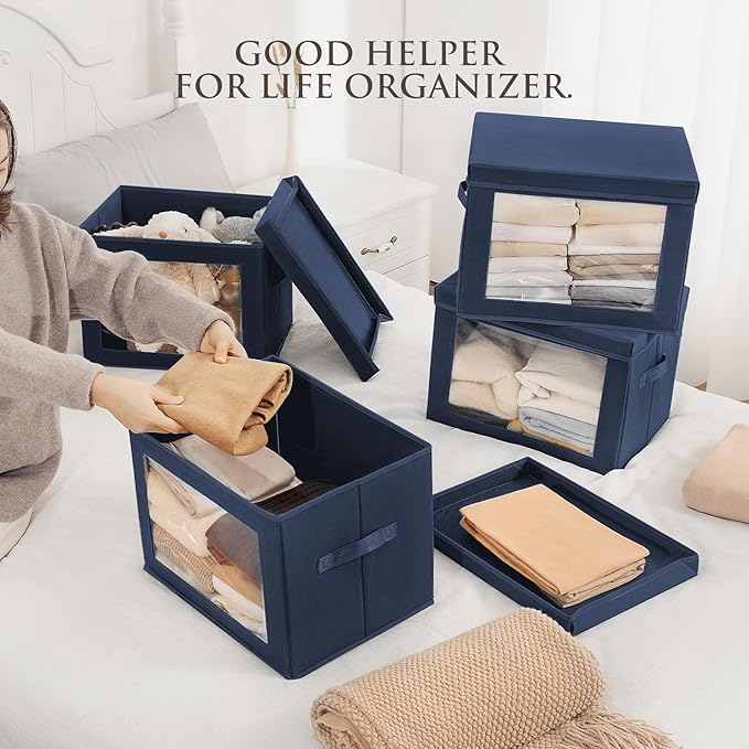 Homsorout Stackable Storage Bins with Lids - Large Decorative Basket with Lids, Fabric Foldable Closet Organizer Bins, Shelf Organizer for Living Room, Dorm, 5 Pack, Navy Blue