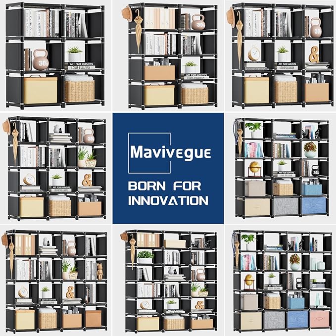 Mavivegue Bookshelf,16 Cube Storage Organizer,Book Shelf Organizer,Tall Bookcase,Black Cube Shelf Cubbies Closet Storage Shelves for Bedroom,Living Room,Home,Office, 16-Grid