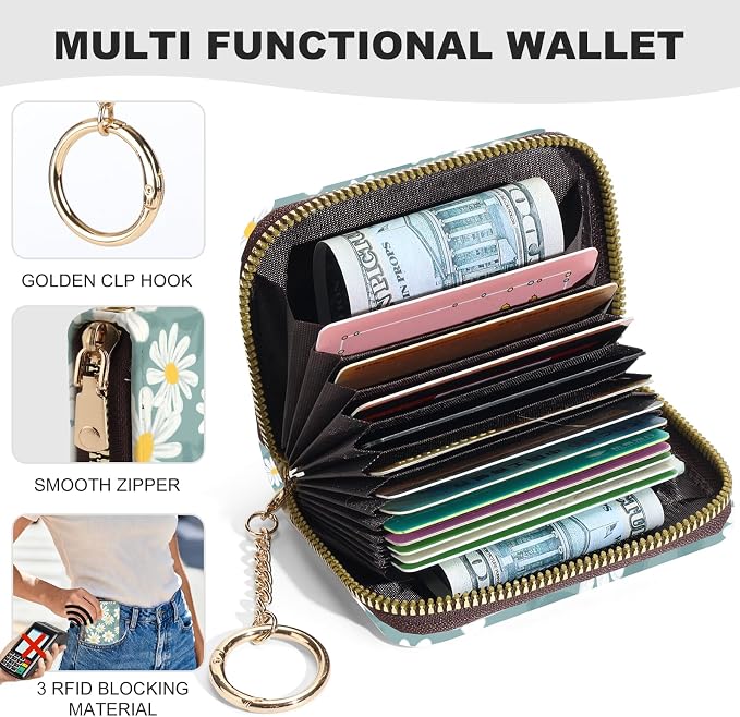 Credit Card Holder for Women,Small Rfid Wallet with Keychain Zipper,Cute PU Leather Card Case Wallet，Accordion Credit Card Wallets Gift,White Daisy C