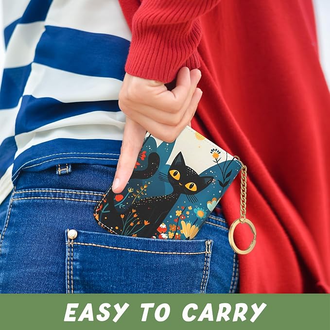 Aiawoxc Credit Card Holder, Small RFID Wallet Slim Leather Card Organizer Case with Zipper and Keychain, Pretty Cat