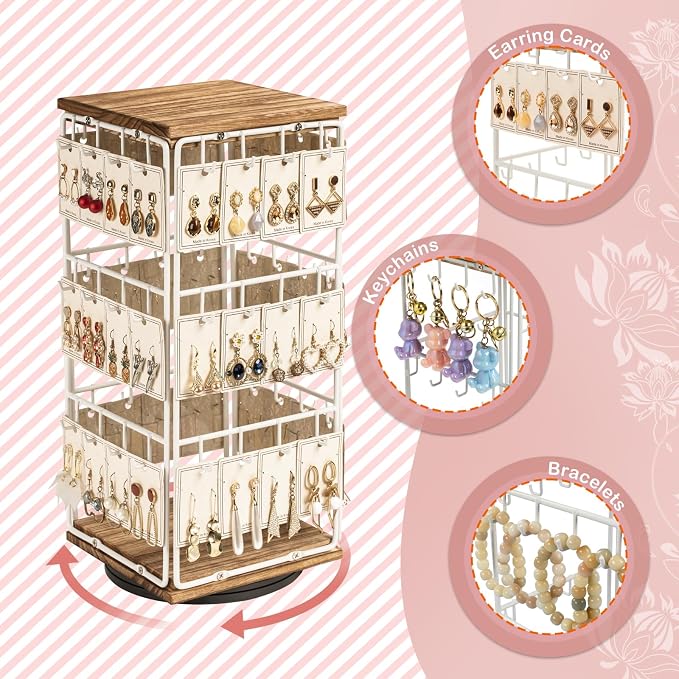 360 Rotating Earring Display Stands for Selling, Earring Rack Display Holder Stand, Jewelry Display for Vendors Selling Earring Cards, Necklaces, Bracelets, Hair Accessories (48 Hooks)