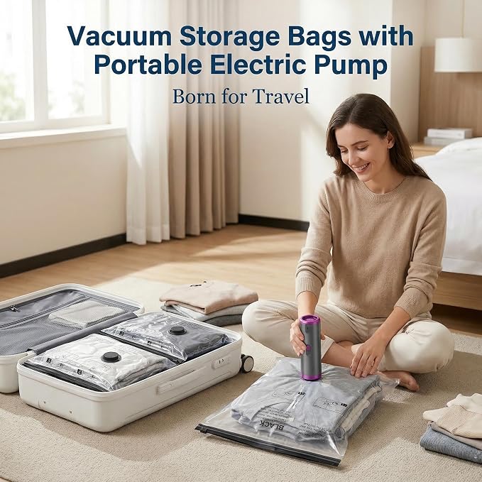 Vacuum Storage Bags with Rechargeable Electric Pump, 16 Pack Vacuum Seal Bags for Clothing Travel, 3 Sizes Compression Packing Bags 80% Space Saver for Clothes, Bedding & Seasonal Storage