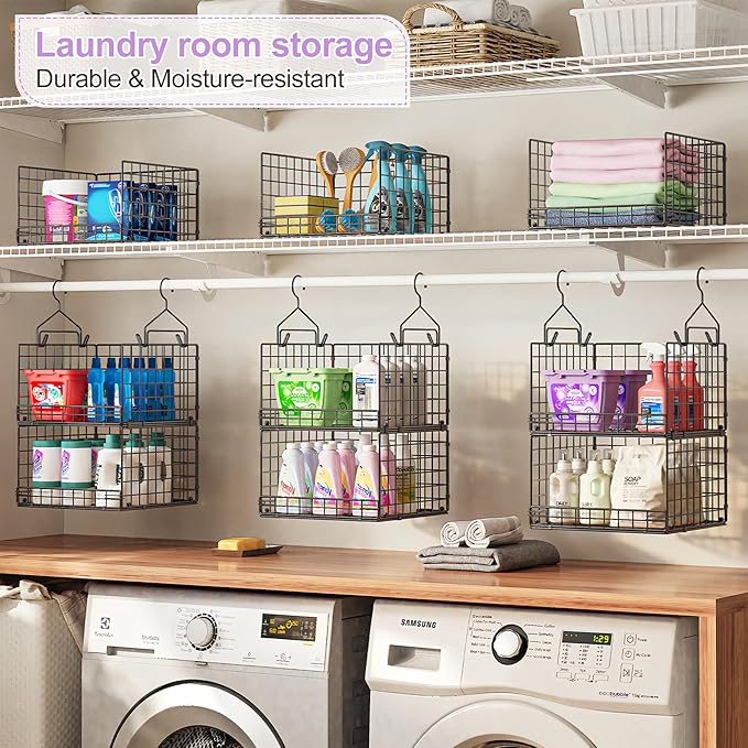 6 Tier Hanging Closet Organizers and Storage Stackable Hanging Closet Shelves with 4 Hooks 2 Adjustable Dividers, Wire Storage Basket Bins for Clothing Purse Sweaters Shoes Socks Dolls, Foldable