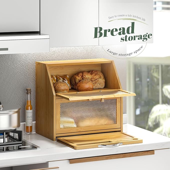STDDRE Bamboo Bread Box with Cutting Board, Double Layer Extra Large Bread Storage Bin with Door Panel for Kitchen Counter (Natural)