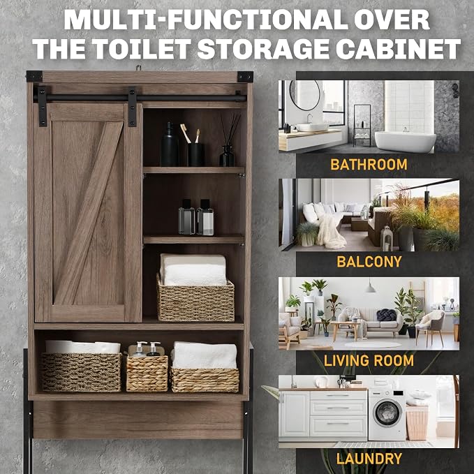 Over Toilet Storage Cabinet with Barn Door & Adjustable Shelves | 24 Inch Wide Bathroom Organizer, Space-Saving, Sturdy Wood, Anti-Tipping, Easy Assembly, for Restroom, Laundry, Small Spaces