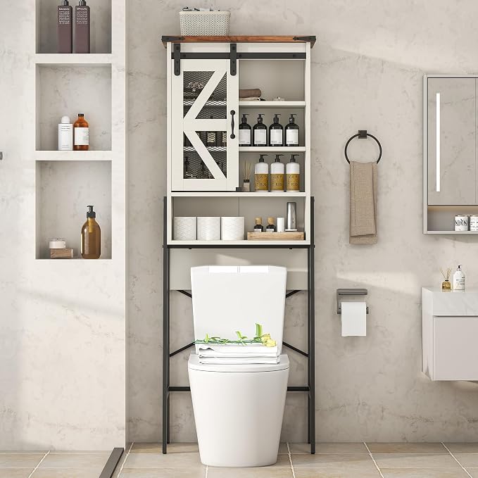 kepptory Over The Toilet Storage Cabinet, Above Toilet Storage Cabinet with Adjustable Shelves and Barn Door, Farmhouse Behind Toilet Bathroom Organizer for Bathroom, Laundry Room, Off-White