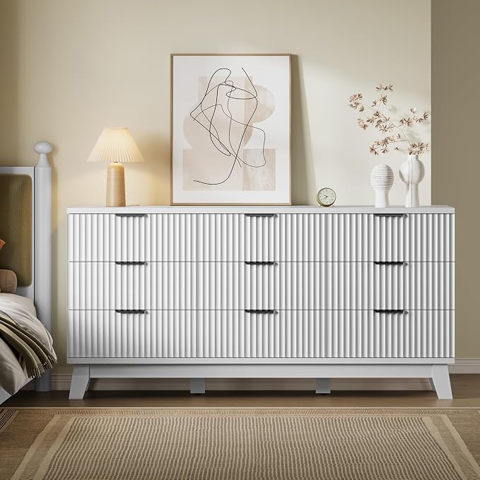BORNOON 63" Long Dresser for Bedroom, 9-Drawer Fluted Dresser, Extra-Wide Wood Chest of Drawers with Smooth Metal Slides, Stable Base, Modern Clothes Storage Cabinet for Living Room, Hallway, Nursery