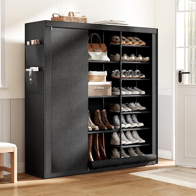 9 Tier Shoe Rack with Cover, Cabinet for 55 Pairs, Black | Large family capacity for boots/heels/sneakers. Reinforced stability. Slim footprint, corner-friendly. Quick no-tool setup.