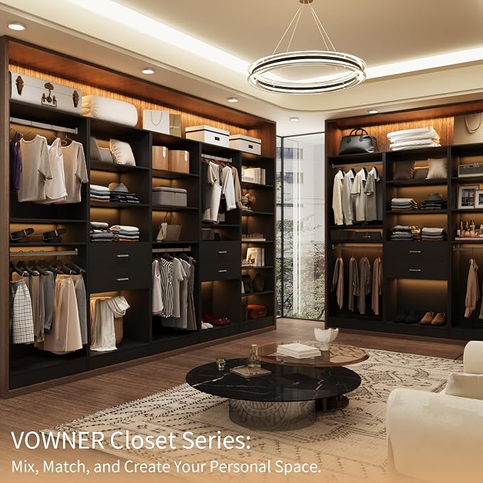 VOWNER 25'' Closet Organizer System Small Freestanding Closet System | 3 Adjustable Shelves, 1 Hanging Rod, Black Modular Closet System for Small Closet, Space-Saving, Easy Assembly