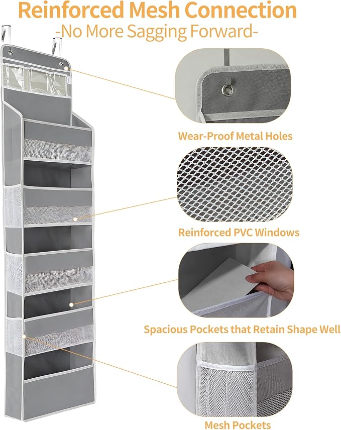Over the Door Organizer, Door Storage Organizer with Large Capacity Pockets, Hanging Shelves for Bedroom, Closet, Dorm, Pantry (Grey, 4-Tier)