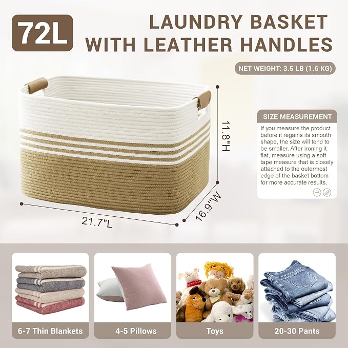 72L Large Woven Laundry Basket Hamper with Leather Handles,Khaki | 22"x17"x12", collapsible wicker hamper, storage for dirty clothes, toys, blankets, gifts, living room, bedroom, bathroom