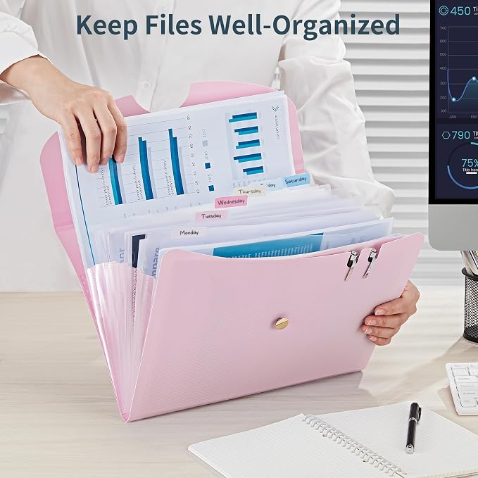 JARLINK 7 Pockets Expanding File Folder, A4 Accordion folders, Pink | Accordion File Folders with 12 Labels, Portable Document Organizer for Home, College, School, and Office Supplies