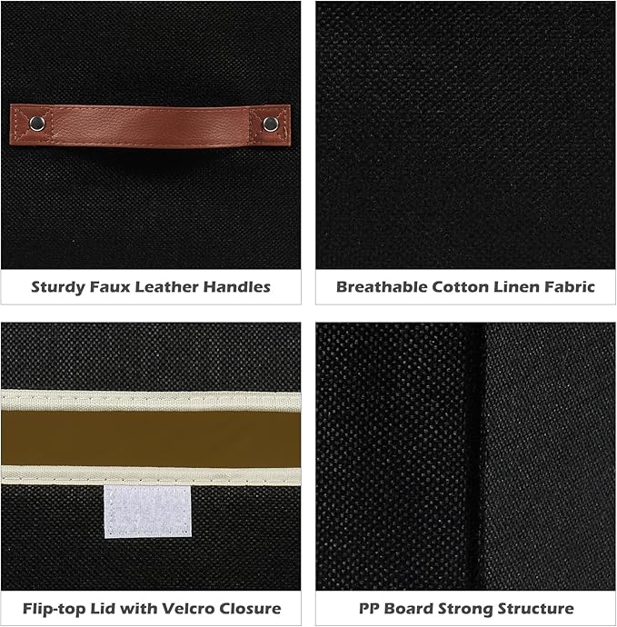 Storage Boxes with Lid Cotton Linen Fabric Storage Bins Organizer Container Decorative Collapsible Washable Shelf Baskets Faux Leather Handles for Home Bedroom Closet (Black, Large Size)