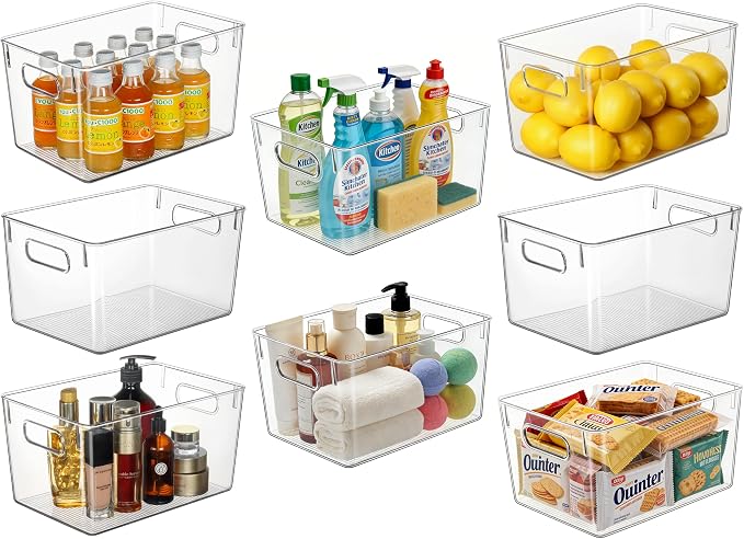 Hudgan Set of 8 Clear Plastic Storage Bins, 8 Large Storage Containers for Pantry Organizers, Home Edit, Kitchen Cabinet, Refrigerator, Under Sink Organization, Bathroom, Office