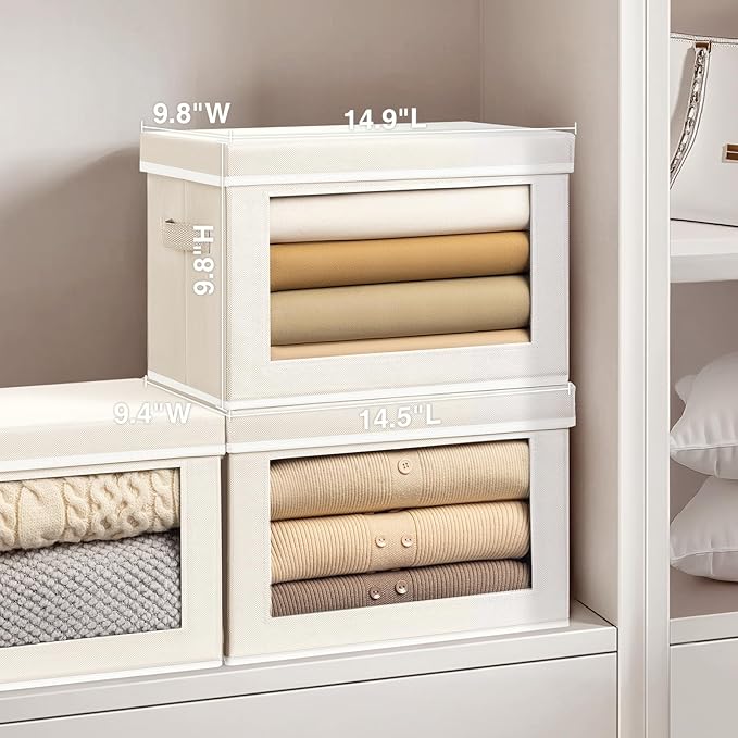 Homsorout Fabric Storage Bins with Lids, Storage Cubes with Window, Decorative Storage Boxes Baskets for Organizing, Closet Organizer Storage Bins for Home, Office, 3 Packs, Beige