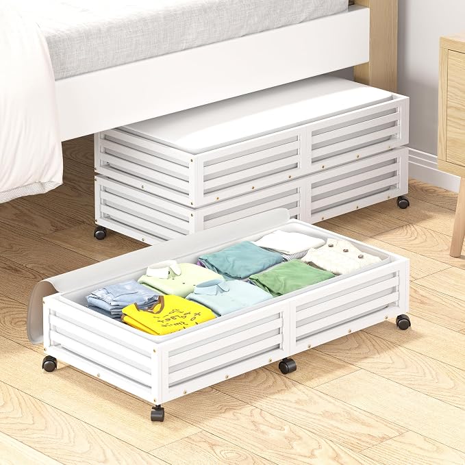Wisuce 2 Packs Bamboo Under Bed Storage Organizer with Wheels White Large