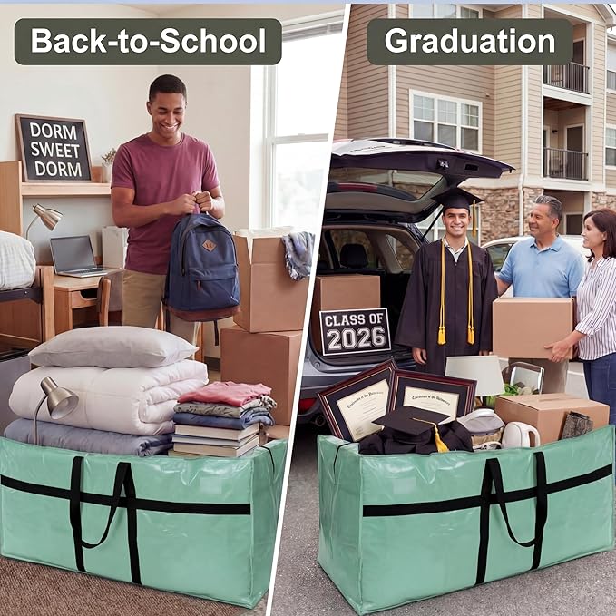 4 Pcs 66 Gallon Extra Large Moving Bags Heavy Duty Storage Bag with Strong Zipper Handle Foldable XXL Jumbo Storage Tote Packing Moving Box for College Dorm Travel Cloth Duffle (Teal)